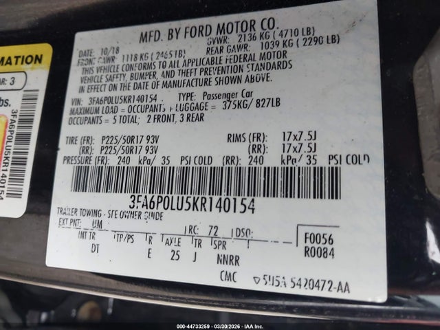 2019 FORD FUSION HYBRID 3FA6P0LU5KR140154 Photo 8
