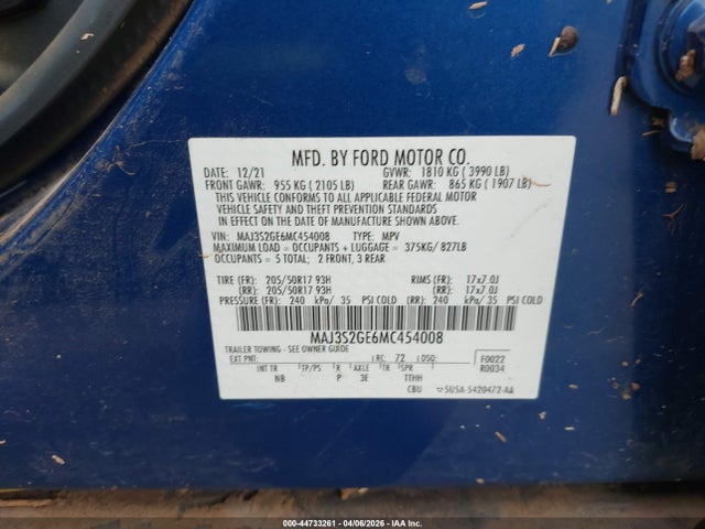 44733261 :رقم المزاد ، MAJ3S2GE6MC454008 vin ، 2021 Ford Ecosport Se مزاد بيع