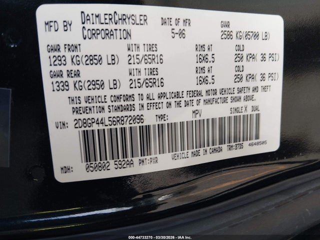 Aukcja sprzedaży 2006 Dodge Grand Caravan Sxt, vin: 2D8GP44L56R872096, numer aukcji: 44733270