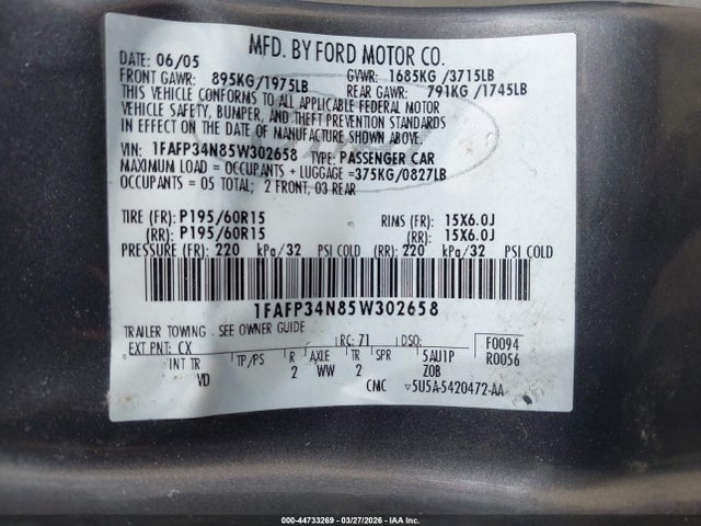 2005 FORD FOCUS 1FAFP34N85W302658 Photo 8