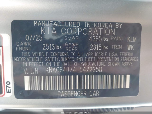 KNAG64J74T5422258 KIA K5 Gt-line Fwd