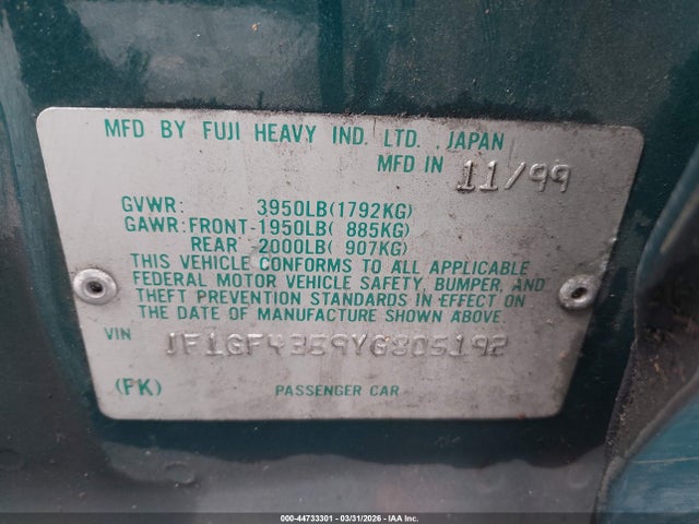 Продаж на аукціоні авто 2000 Subaru Impreza L, vin: JF1GF4359YG805192, номер лоту: 44733301