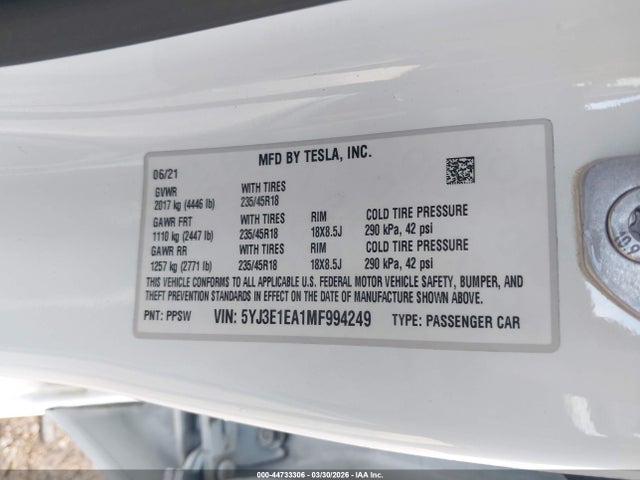 Aukcja sprzedaży 2021 Tesla Model 3 Standard Range Plus Rear-wheel Drive, vin: 5YJ3E1EA1MF994249, numer aukcji: 44733306