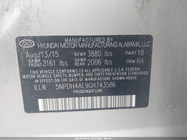 5NPDH4AE9GH743586 Hyundai ELANTRA SE