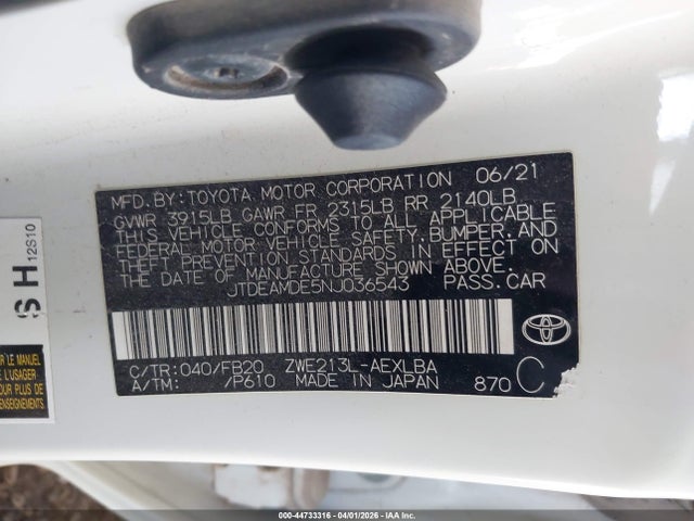 Aukcja sprzedaży 2022 Toyota Corolla Hybrid Le, vin: JTDEAMDE5NJ036543, numer aukcji: 44733316