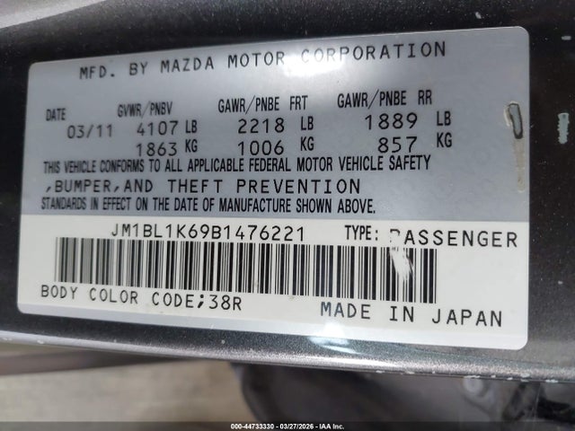 44733330 :رقم المزاد ، JM1BL1K69B1476221 vin ، 2011 Mazda Mazda3 S Sport مزاد بيع