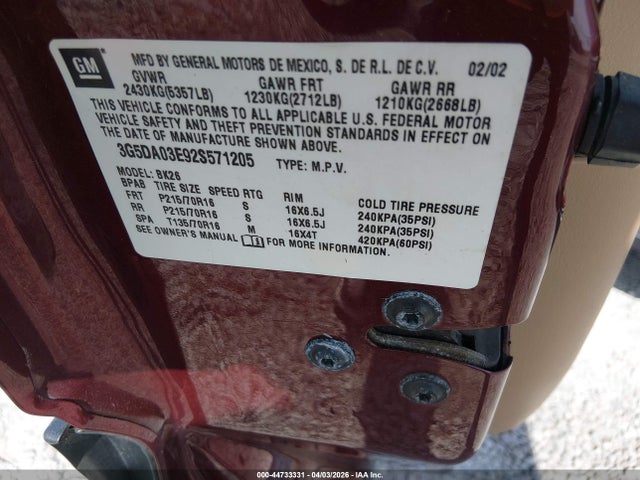 Aukcja sprzedaży 2002 Buick Rendezvous Cx, vin: 3G5DA03E92S571205, numer aukcji: 44733331