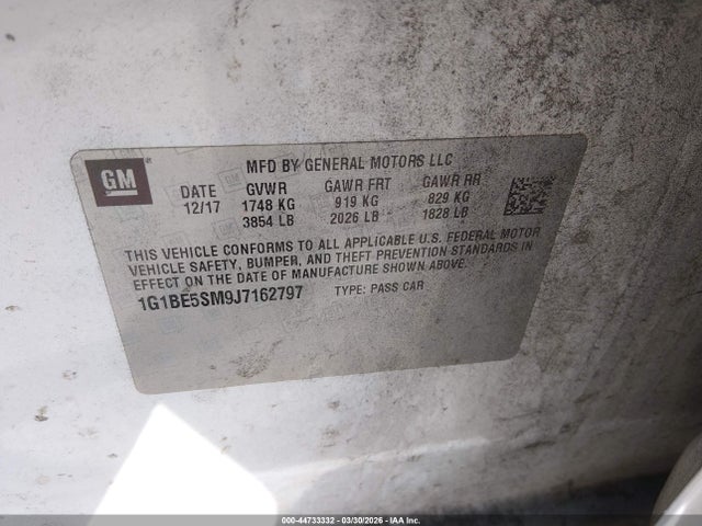 2018 Chevrolet Cruze Lt Auto მანქანა იყიდება აუქციონზე, vin: 1G1BE5SM9J7162797, აუქციონის ნომერი: 44733332