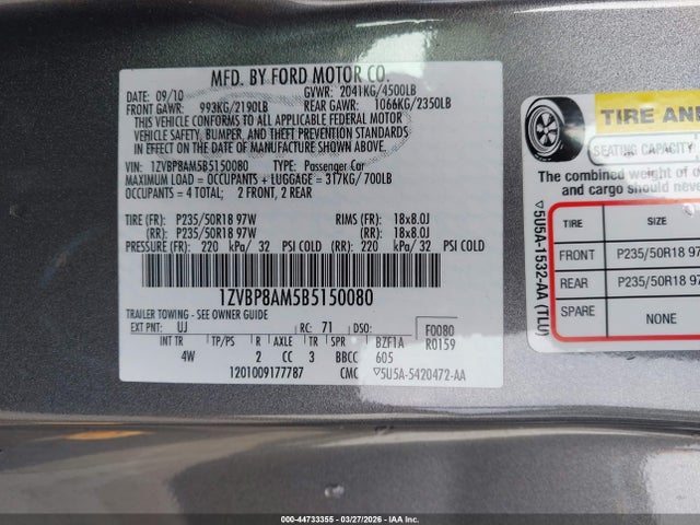 2011 FORD MUSTANG 1ZVBP8AM5B5150080 Photo 8