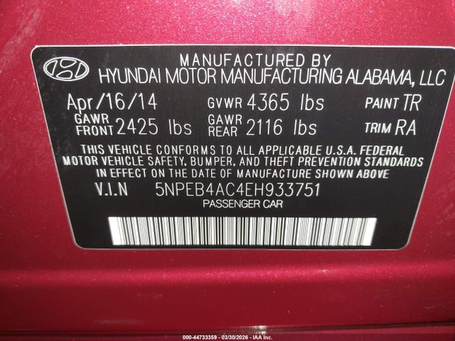 2014 Hyundai Sonata Gls მანქანა იყიდება აუქციონზე, vin: 5NPEB4AC4EH933751, აუქციონის ნომერი: 44733359