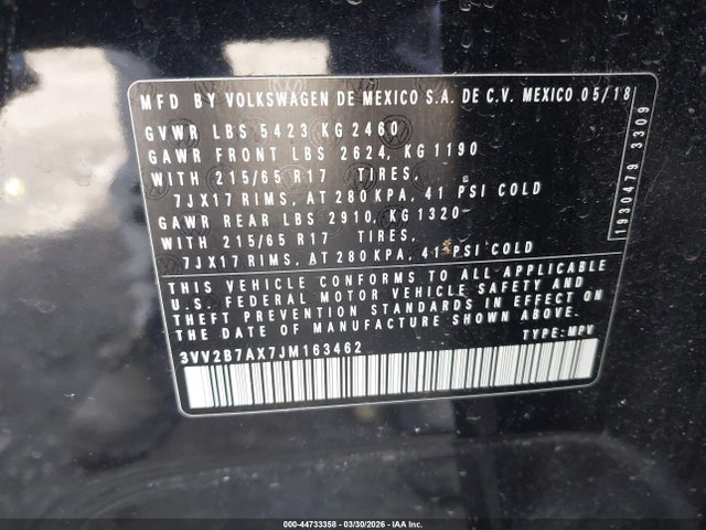 2018 Volkswagen Tiguan 2.0t Se/2.0t Sel მანქანა იყიდება აუქციონზე, vin: 3VV2B7AX7JM163462, აუქციონის ნომერი: 44733358