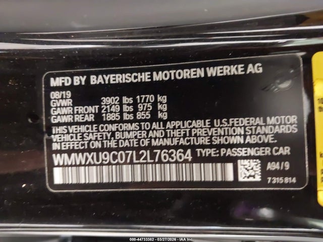 2020 Mini Hardtop Cooper S მანქანა იყიდება აუქციონზე, vin: WMWXU9C07L2L76364, აუქციონის ნომერი: 44733382