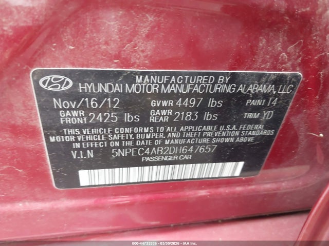 Aukcja sprzedaży 2013 Hyundai Sonata Limited 2.0t, vin: 5NPEC4AB2DH647657, numer aukcji: 44733396