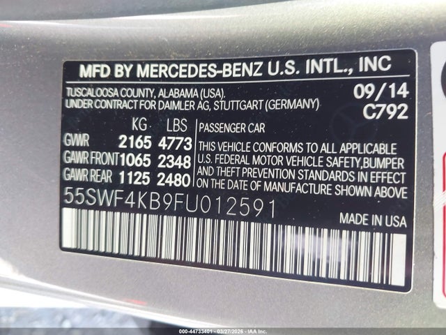44733401 :رقم المزاد ، 55SWF4KB9FU012591 vin ، 2015 Mercedes-benz C 300 Sport 4matic مزاد بيع