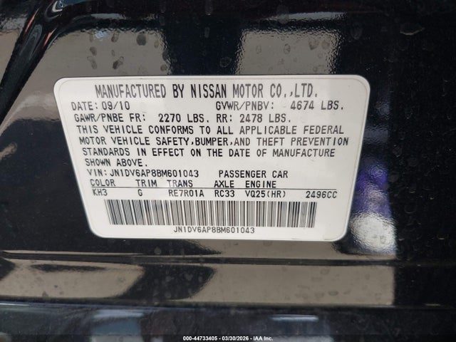 44733405 :رقم المزاد ، JN1DV6AP8BM601043 vin ، 2011 Infiniti G25 Journey مزاد بيع