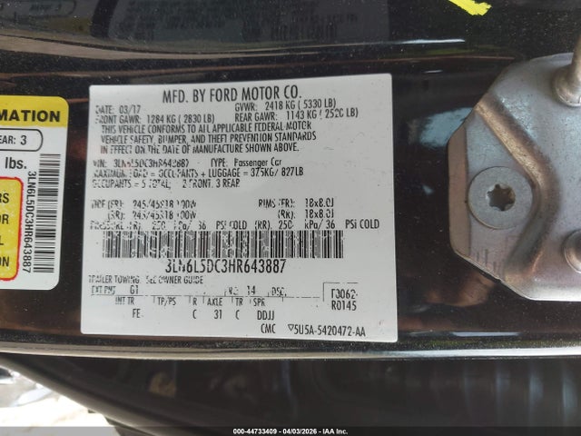 Продаж на аукціоні авто 2017 Lincoln Mkz Select, vin: 3LN6L5DC3HR643887, номер лоту: 44733409