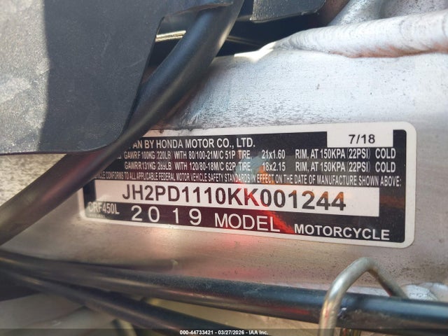 JH2PD1110KK001244 Honda Crf450 L