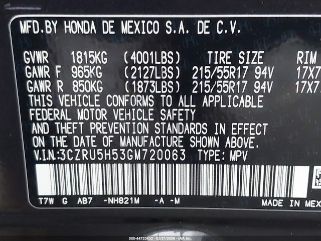 3CZRU5H53GM720063 Honda HR-V EX