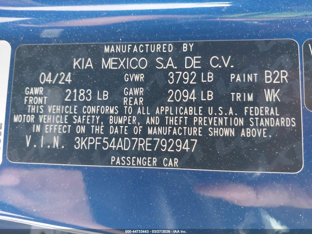 Aukcja sprzedaży 2024 Kia Forte Gt-line, vin: 3KPF54AD7RE792947, numer aukcji: 44733443