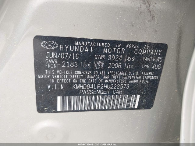2017 Hyundai Elantra Se მანქანა იყიდება აუქციონზე, vin: KMHD84LF2HU222573, აუქციონის ნომერი: 44733445