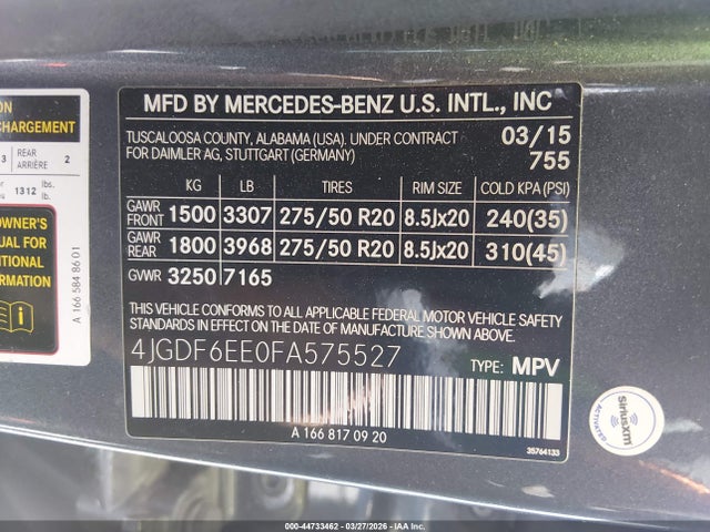 44733462 :رقم المزاد ، 4JGDF6EE0FA575527 vin ، 2015 Mercedes-benz Gl 450 4matic مزاد بيع
