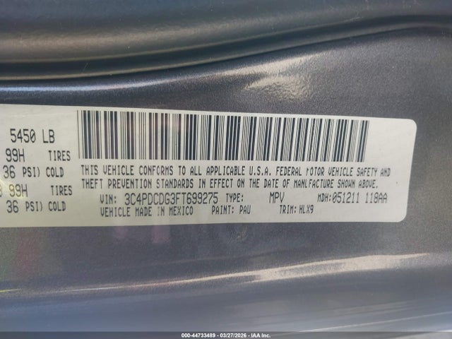 2015 Dodge Journey Limited მანქანა იყიდება აუქციონზე, vin: 3C4PDCDG3FT699275, აუქციონის ნომერი: 44733489