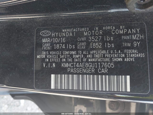 44733493 :رقم المزاد ، KMHCT4AE8GU117605 vin ، 2016 Hyundai Accent Se مزاد بيع