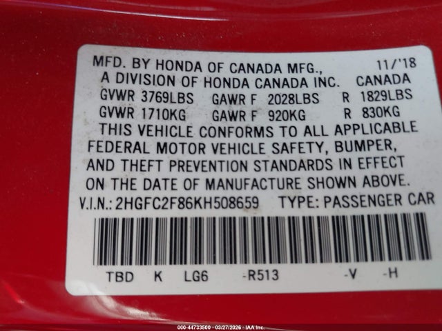 Honda Civic Sport 2019 2HGFC2F86KH508659 Image 9