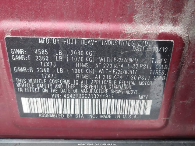 44733505 :رقم المزاد ، 4S4BRBGC7D3244917 vin ، 2013 Subaru Outback 2.5i Premium مزاد بيع