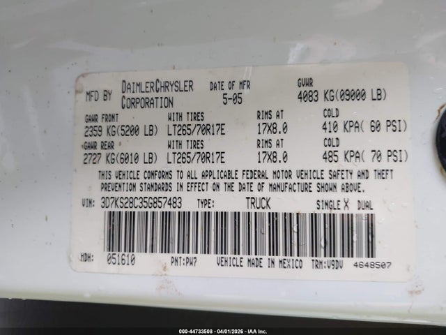 Продажа на аукционе авто 2005 Dodge Ram 2500 Slt/laramie, vin: 3D7KS28C35G857483, номер лота: 44733508