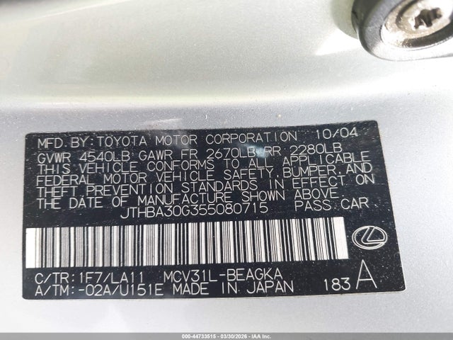 44733515 :رقم المزاد ، JTHBA30G355080715 vin ، 2005 Lexus Es 330 مزاد بيع