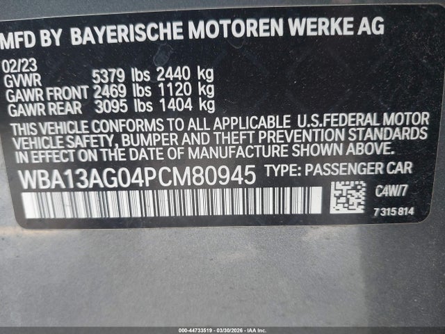 44733519 :رقم المزاد ، WBA13AG04PCM80945 vin ، 2023 Bmw 530e مزاد بيع