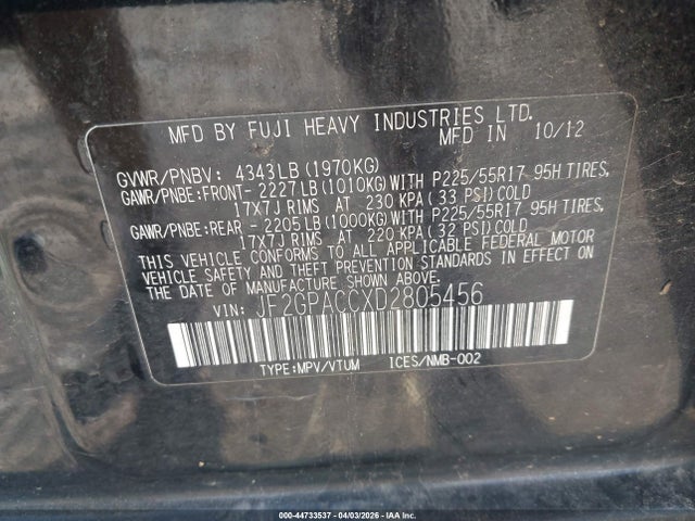44733537 :رقم المزاد ، JF2GPACCXD2805456 vin ، 2013 Subaru Xv Crosstrek 2.0i Premium مزاد بيع