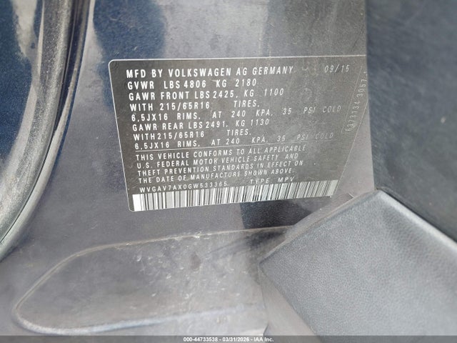 WVGAV7AX0GW533365 Volkswagen TIGUAN S