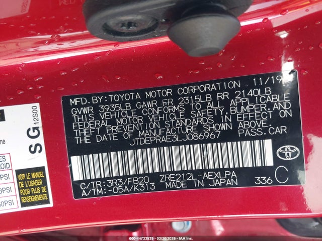 JTDEPRAE3LJ086967 Toyota COROLLA LE