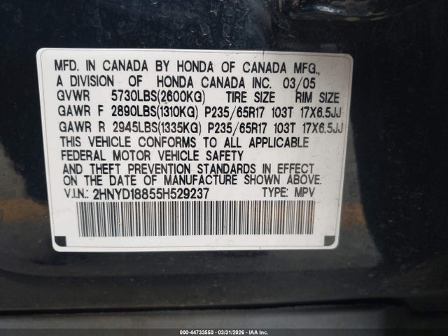 2005 Acura Mdx მანქანა იყიდება აუქციონზე, vin: 2HNYD18855H529237, აუქციონის ნომერი: 44733550