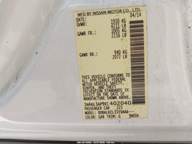 1N4AL3AP9EC402040 Nissan Altima 2.5/2.5 S/2.5 Sl/2.5 Sv