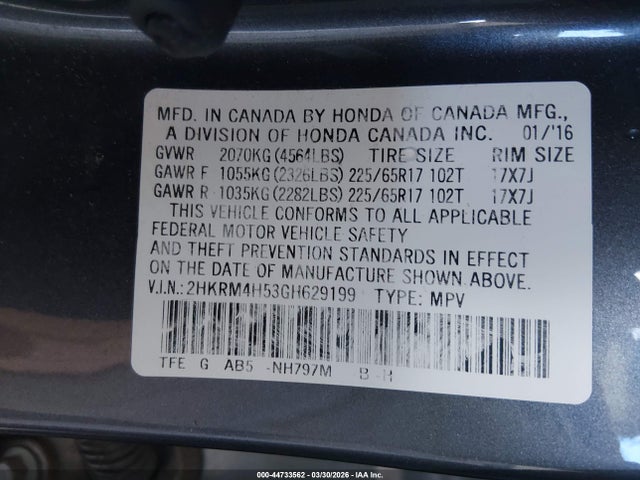 Honda CR-V EX 2016 2HKRM4H53GH629199 Image 9