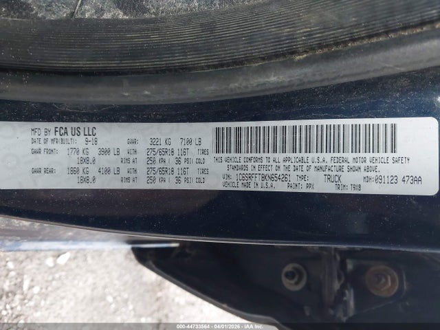Aukcja sprzedaży 2019 Ram 1500 Big Horn/lone Star  4x4 5'7 Box, vin: 1C6SRFFT8KN654261, numer aukcji: 44733564