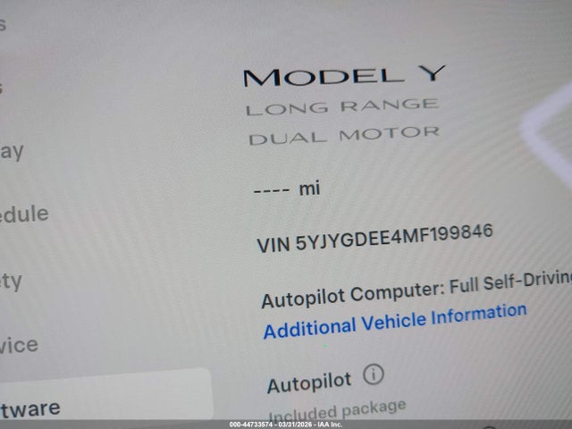 44733574 :رقم المزاد ، 5YJYGDEE4MF199846 vin ، 2021 Tesla Model Y Long Range Dual Motor All-wheel Drive مزاد بيع