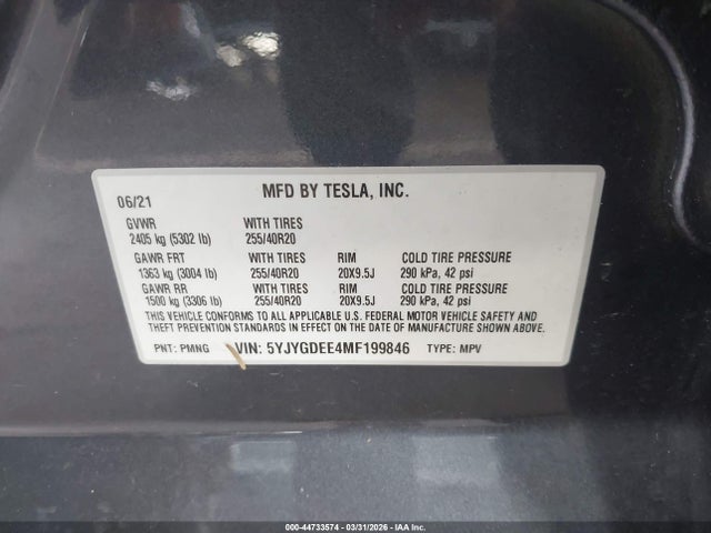 44733574 :رقم المزاد ، 5YJYGDEE4MF199846 vin ، 2021 Tesla Model Y Long Range Dual Motor All-wheel Drive مزاد بيع