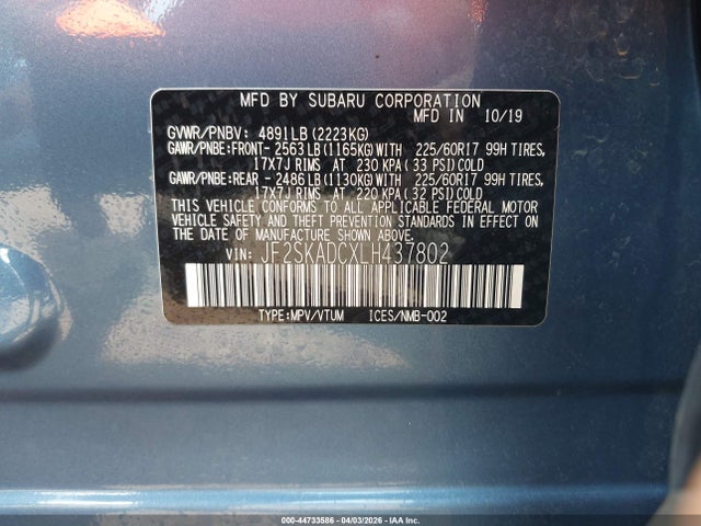 Aukcja sprzedaży 2020 Subaru Forester, vin: JF2SKADCXLH437802, numer aukcji: 44733586