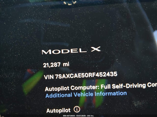 2024 Tesla Model X Long Range მანქანა იყიდება აუქციონზე, vin: 7SAXCAE50RF452435, აუქციონის ნომერი: 44733635