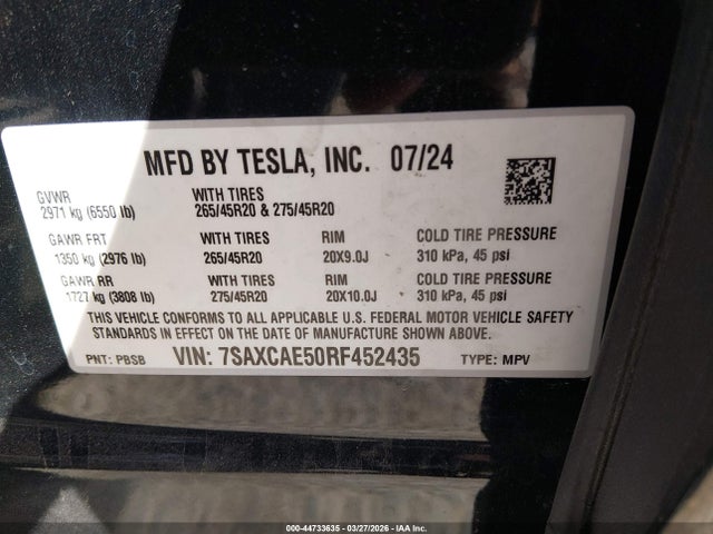 2024 Tesla Model X Long Range მანქანა იყიდება აუქციონზე, vin: 7SAXCAE50RF452435, აუქციონის ნომერი: 44733635