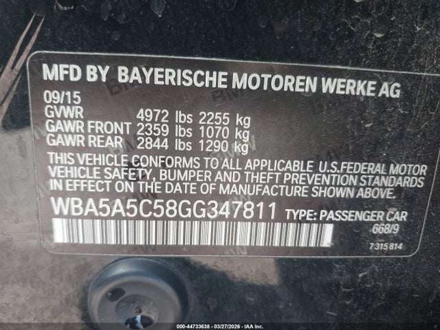 44733638 :رقم المزاد ، WBA5A5C58GG347811 vin ، 2016 Bmw 528i مزاد بيع