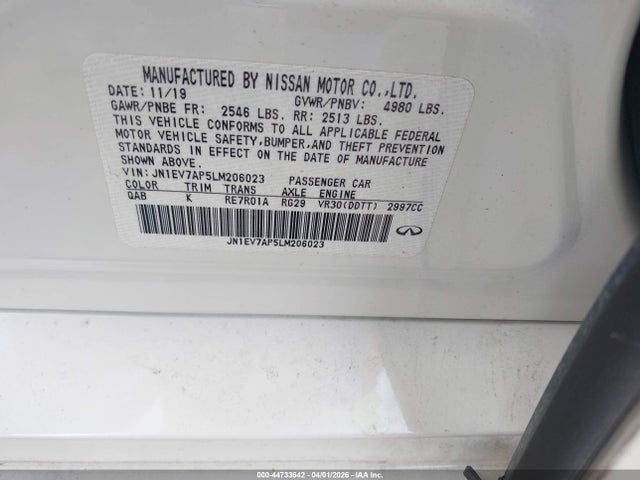 Aukcja sprzedaży 2020 Infiniti Q50 Luxe, vin: JN1EV7AP5LM206023, numer aukcji: 44733642