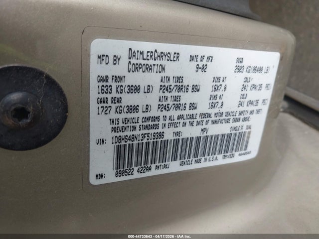2003 DODGE DURANGO 1D8HS48N13F519386 Photo 8