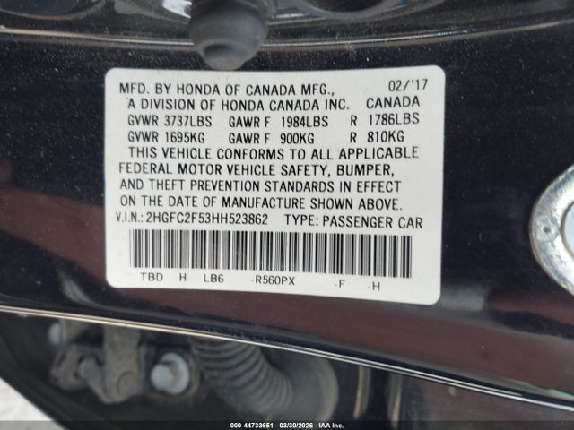 44733651 :رقم المزاد ، 2HGFC2F53HH523862 vin ، 2017 Honda Civic Lx مزاد بيع
