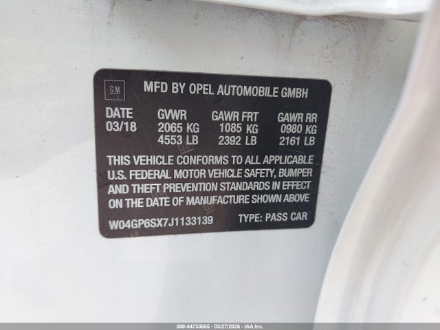 2018 Buick Regal Sportback Essence მანქანა იყიდება აუქციონზე, vin: W04GP6SX7J1133139, აუქციონის ნომერი: 44733655
