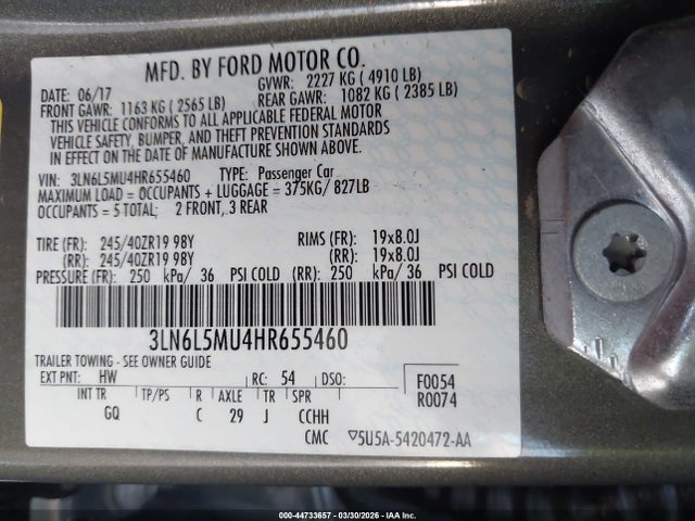 44733657 :رقم المزاد ، 3LN6L5MU4HR655460 vin ، 2017 Lincoln Mkz Hybrid Reserve مزاد بيع
